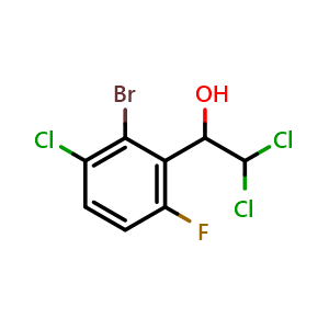 Chemical structure of 1-(2-Bromo-3-chloro-6-fluorophenyl)-2,2-dichloroethanol , CAS 2755724-24-2, AChemBlock AD284115