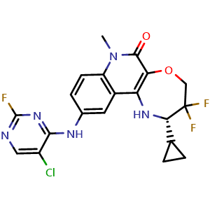 Chemical structure of (S)-10-((5-chloro-2-fluoropyrimidin-4-yl)amino)-2-cyclopropyl-3,3-difluoro-7-methyl-1,2,3,4-tetrahydro-[1,4]oxazepino[2,3-c]quinolin-6(7H)-one , CAS 3077528-96-9, AChemBlock AD284127
