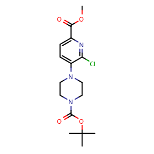 Chemical structure of tert-butyl 4-(2-chloro-6-(methoxycarbonyl)pyridin-3-yl)piperazine-1-carboxylate , CAS 3075443-07-8, AChemBlock AD284128