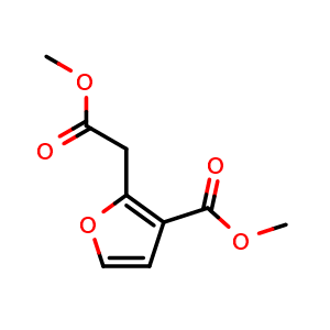 Chemical structure of methyl 2-(2-methoxy-2-oxoethyl)furan-3-carboxylate , CAS 162337-80-6, AChemBlock AD284143