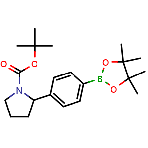 Chemical structure of tert-butyl 2-(4-(4,4,5,5-tetramethyl-1,3,2-dioxaborolan-2-yl)phenyl)pyrrolidine-1-carboxylate , CAS 1454815-08-7, AChemBlock AD284144
