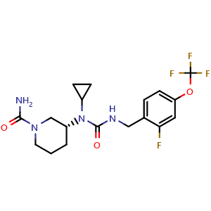 Chemical structure of (R)-3-(1-cyclopropyl-3-(2-fluoro-4-(trifluoromethoxy)benzyl)ureido)piperidine-1-carboxamide , CAS 2837993-05-0, AChemBlock AD284174
