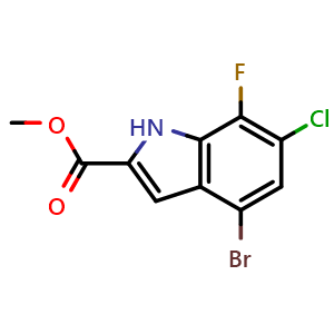 Chemical structure of Methyl 4-bromo-6-chloro-7-fluoro-1H-indole-2-carboxylate , CAS 3077376-29-2, AChemBlock AD284183