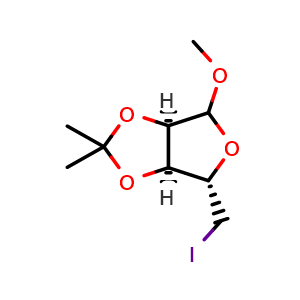 Chemical structure of (3aS,4S,6aR)-4-(iodomethyl)-6-methoxy-2,2-dimethyltetrahydrofuro[3,4-d][1,3]dioxole , CAS 50600-40-3, AChemBlock AD284193