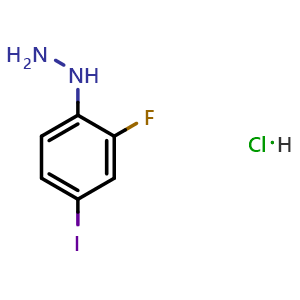 Chemical structure of (2-fluoro-4-iodophenyl)hydrazine hydrochloride , CAS 502496-29-9, AChemBlock AD284203