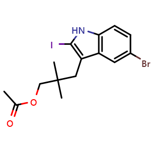 Chemical structure of 3-(5-bromo-2-iodo-1H-indol-3-yl)-2,2-dimethylpropyl acetate , CAS 3082793-53-8, AChemBlock AD284209