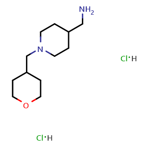 Chemical structure of (1-((tetrahydro-2H-pyran-4-yl)methyl)piperidin-4-yl)methanamine dihydrochloride , CAS 522665-23-2, AChemBlock AD284215