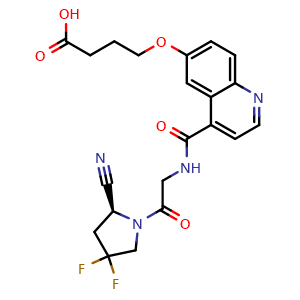 Chemical structure of (S)-4-((4-((2-(2-cyano-4,4-difluoropyrrolidin-1-yl)-2-oxoethyl)carbamoyl)quinolin-6-yl)oxy)butanoic acid , CAS 2846085-54-7, AChemBlock AD284222