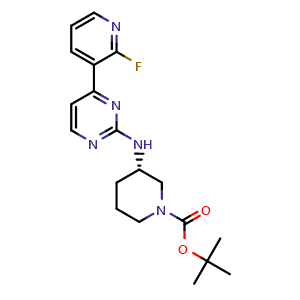 Chemical structure of (S)-tert-Butyl 3-((4-(2-fluoropyridin-3-yl)pyrimidin-2-yl)amino)piperidine-1-carboxylate , CAS 1630086-25-7, AChemBlock AD284247