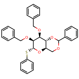 Chemical structure of (4aR,6R,7S,8S,8aR)-7,8-bis(benzyloxy)-2-phenyl-6-(phenylthio)hexahydropyrano[3,2-d][1,3]dioxine , CAS 159407-17-7, AChemBlock AD284255