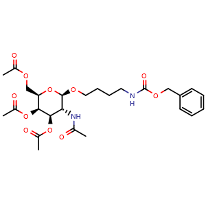 Chemical structure of (2R,3R,4R,5R,6R)-5-acetamido-2-(acetoxymethyl)-6-(4-(((benzyloxy)carbonyl)amino)butoxy)tetrahydro-2H-pyran-3,4-diyl diacetate , CAS 1883809-96-8, AChemBlock AD284259