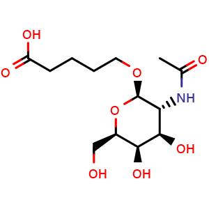 Chemical structure of 5-(((2R,3R,4R,5R,6R)-3-acetamido-4,5-dihydroxy-6-(hydroxymethyl)tetrahydro-2H-pyran-2-yl)oxy)pentanoic acid , CAS 1953146-66-1, AChemBlock AD284279