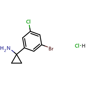 Chemical structure of 1-(3-Bromo-5-chlorophenyl)cyclopropan-1-amine hydrochloride , CAS 2089255-58-1, AChemBlock AD284337