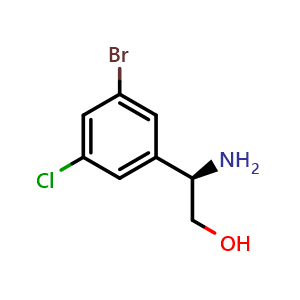 Chemical structure of (R)-2-amino-2-(3-bromo-5-chlorophenyl)ethan-1-ol , CAS 1344506-23-5, AChemBlock AD284349