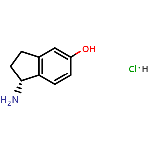 Chemical structure of (R)-1-amino-2,3-dihydro-1H-inden-5-ol hydrochloride , CAS 1350713-67-5, AChemBlock AD284440
