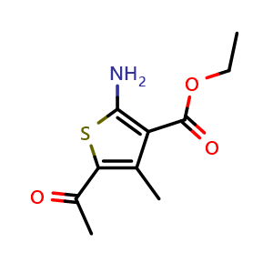 Chemical structure of 5-Acetyl-2-amino-4-methyl-thiophene-3-carboxylic acid ethyl ester , CAS 57773-41-8, AChemBlock AD284489