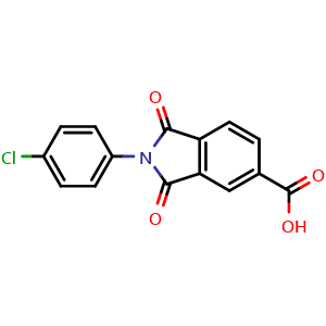 Chemical structure of 2-(4-Chloro-phenyl)-1,3-dioxo-2,3-dihydro-1H-isoindole-5-carboxylic acid , CAS 285552-81-0, AChemBlock AD284506