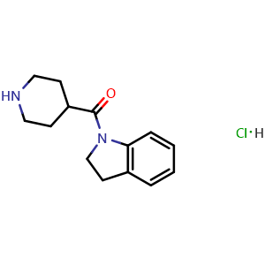 Chemical structure of 1-(piperidine-4-carbonyl)-2,3-dihydro-1H-indole hydrochloride , CAS 1220021-30-6, AChemBlock AD284517