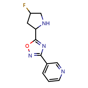 Chemical structure of 5-(4-Fluoropyrrolidin-2-yl)-3-(pyridin-3-yl)-1,2,4-oxadiazole , CAS 2034395-65-6, AChemBlock AD284554