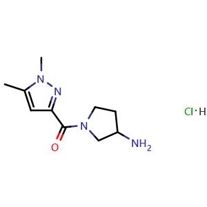 Chemical structure of 1-(1,5-dimethyl-1H-pyrazole-3-carbonyl)pyrrolidin-3-amine hydrochloride , CAS 3066661-28-4, AChemBlock AD284596