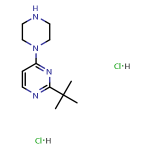 Chemical structure of 2-tert-butyl-4-(piperazin-1-yl)pyrimidine dihydrochloride , CAS 2741940-35-0, AChemBlock AD284599