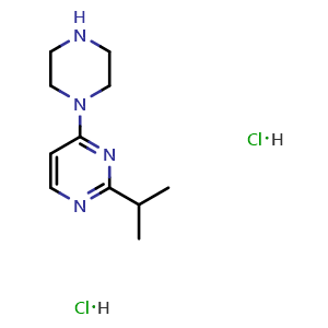 Chemical structure of 4-(piperazin-1-yl)-2-(propan-2-yl)pyrimidine dihydrochloride , CAS 2770624-41-2, AChemBlock AD284601