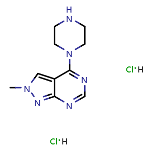Chemical structure of 1-{2-methyl-2H-pyrazolo[3,4-d]pyrimidin-4-yl}piperazine dihydrochloride , CAS 2948455-74-9, AChemBlock AD284612