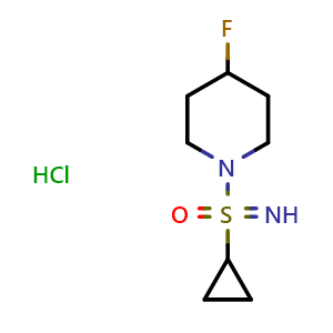 Chemical structure of 1-(cyclopropanesulfonimidoyl)-4-fluoropiperidine hydrochloride , CAS 3085375-86-3, AChemBlock AD284619