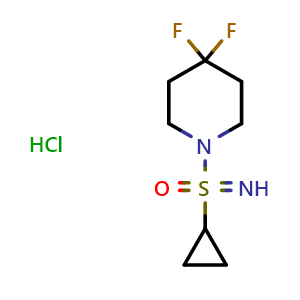 Chemical structure of 1-(cyclopropanesulfonimidoyl)-4,4-difluoropiperidine hydrochloride , CAS 3082117-30-1, AChemBlock AD284620
