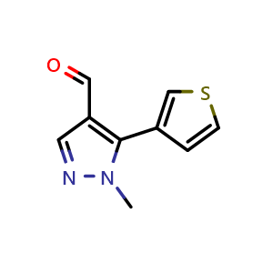 Chemical structure of 1-Methyl-5-(thiophen-3-yl)-1H-pyrazole-4-carbaldehyde , CAS 2148810-93-7, AChemBlock AD284630