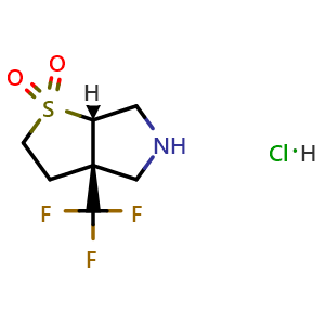 Chemical structure of (3aS,6aS)-3a-(trifluoromethyl)-hexahydro-2H-1lambda6-thieno[2,3-c]pyrrole-1,1-dione hydrochloride , CAS 3081979-75-8, AChemBlock AD284634