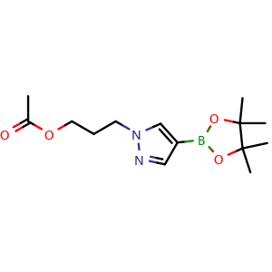 Chemical structure of 3-[4-(4,4,5,5-tetramethyl-1,3,2-dioxaborolan-2-yl)-1H-pyrazol-1-yl]propyl acetate , CAS 1422126-76-8, AChemBlock AD284639