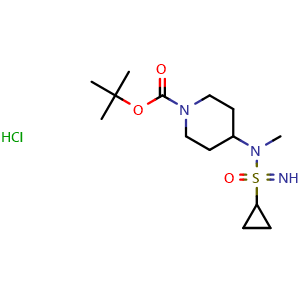 Chemical structure of tert-butyl 4-(N-methylcyclopropanesulfonoimidamido)piperidine-1-carboxylate hydrochloride , CAS 3085375-99-8, AChemBlock AD284653