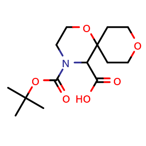 Chemical structure of 4-[(tert-butoxy)carbonyl]-1,9-dioxa-4-azaspiro[5.5]undecane-5-carboxylic acid , CAS 3085375-77-2, AChemBlock AD284654
