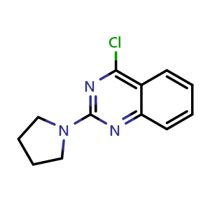 Chemical structure of 4-chloro-2-(pyrrolidin-1-yl)quinazoline , CAS 29874-84-8, AChemBlock AD284693