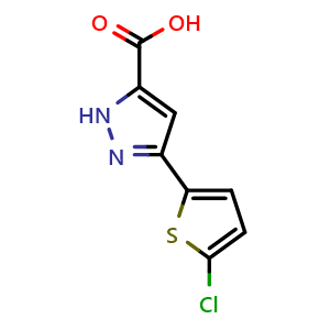 Chemical structure of 3-(5-Chloro-2-thienyl)-1H-pyrazole-5-carboxylic acid , CAS 1188375-25-8, AChemBlock AD284710