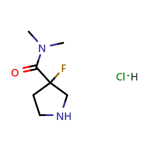 Chemical structure of 3-fluoro-N,N-dimethylpyrrolidine-3-carboxamide hydrochloride , CAS 1864070-77-8, AChemBlock AD284711