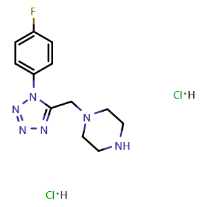 Chemical structure of 1-{[1-(4-fluorophenyl)-1H-tetrazol-5-yl]methyl}piperazine dihydrochloride , CAS 1351614-10-2, AChemBlock AD284729