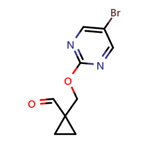 Chemical structure of 1-(((5-bromopyrimidin-2-yl)oxy)methyl)cyclopropane-1-carbaldehyde , CAS 2098069-04-4, AChemBlock AD284734