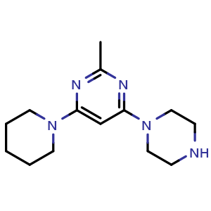 Chemical structure of 2-methyl-4-(piperazin-1-yl)-6-(piperidin-1-yl)pyrimidine , CAS 1706457-29-5, AChemBlock AD284785