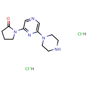 Chemical structure of 1-[6-(piperazin-1-yl)pyrazin-2-yl]pyrrolidin-2-one dihydrochloride , CAS 2415542-01-5, AChemBlock AD284787