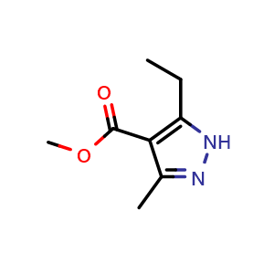 Chemical structure of methyl 5-ethyl-3-methyl-1H-pyrazole-4-carboxylate , CAS 89270-11-1, AChemBlock AD284791