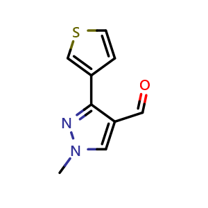 Chemical structure of 1-methyl-3-(thiophen-3-yl)-1H-pyrazole-4-carbaldehyde , CAS 1250480-21-7, AChemBlock AD284792