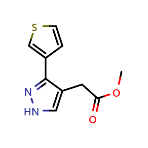 Chemical structure of methyl 2-(3-(thiophen-3-yl)-1H-pyrazol-4-yl)acetate , CAS 2098138-30-6, AChemBlock AD284793
