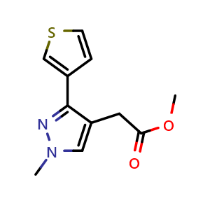 Chemical structure of methyl 2-(1-methyl-3-(thiophen-3-yl)-1H-pyrazol-4-yl)acetate , CAS 2098139-55-8, AChemBlock AD284794