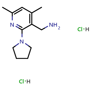 Chemical structure of 1-[4,6-dimethyl-2-(pyrrolidin-1-yl)pyridin-3-yl]methanamine dihydrochloride , CAS 3081979-90-7, AChemBlock AD284809