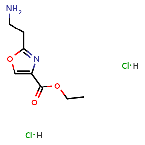 Chemical structure of Ethyl 2-(2-aminoethyl)-1,3-oxazole-4-carboxylate dihydrochloride , CAS 2034155-32-1, AChemBlock AD284843