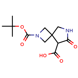 Chemical structure of 2-[(tert-butoxy)carbonyl]-7-oxo-2,6-diazaspiro[3.4]octane-8-carboxylic acid , CAS 2548983-72-6, AChemBlock AD284866