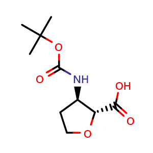 Chemical structure of (2R,3R)-3-{[(tert-butoxy)carbonyl]amino}oxolane-2-carboxylic acid , CAS 2748400-57-7, AChemBlock AD284867