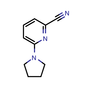 Chemical structure of 6-(pyrrolidin-1-yl)pyridine-2-carbonitrile , CAS 160017-13-0, AChemBlock AD284876